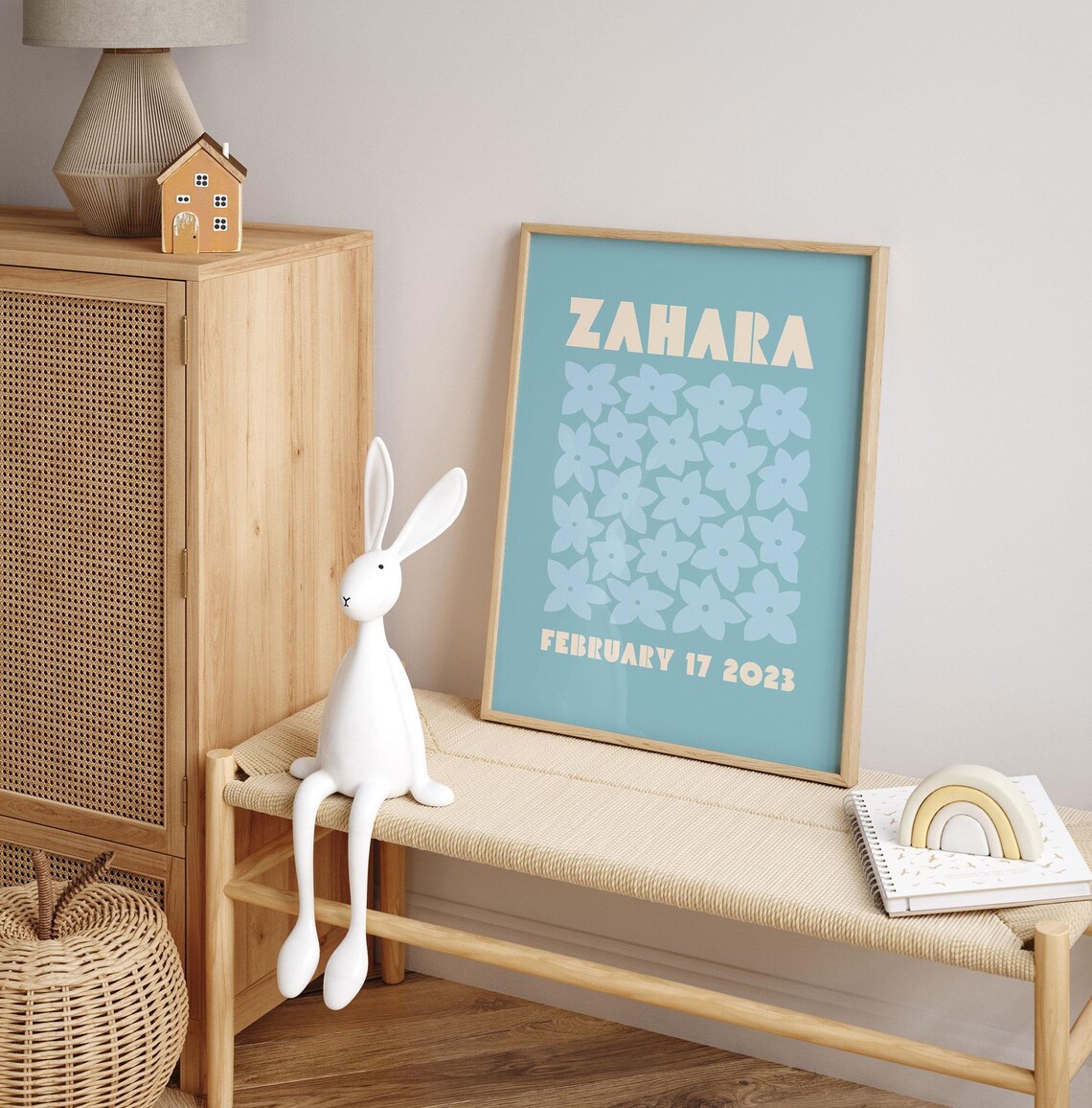 Zahara Personalized Name Birthdate Blue Floral Nursery Poster - Image 4