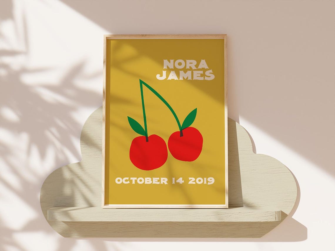 Nora James Personalized Name Birthdate Cherry Retro Art Poster - Image 5