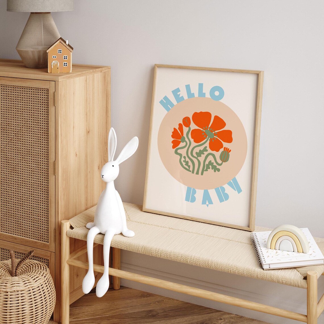 Hello Baby Retro Floral Nursery Poster with Orange Poppy Flower Art - Image 3