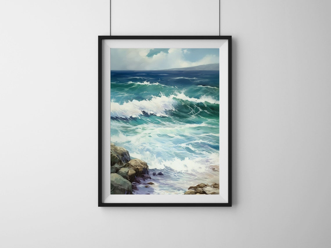 Turquoise Ocean Waves Crashing On Rocks Coastal Seascape Poster - Image 4