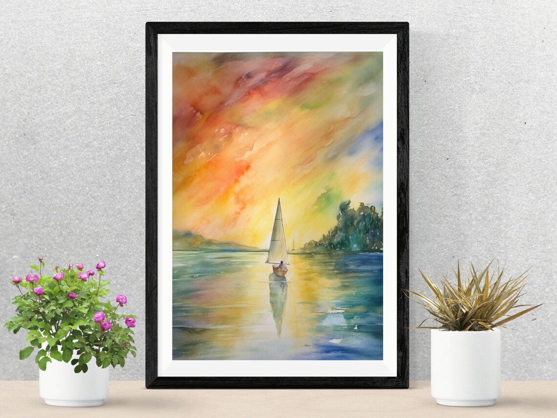 Sailboat On Golden Lake Watercolor Art Print Vibrant Sunset Seascape Poster - Image 2
