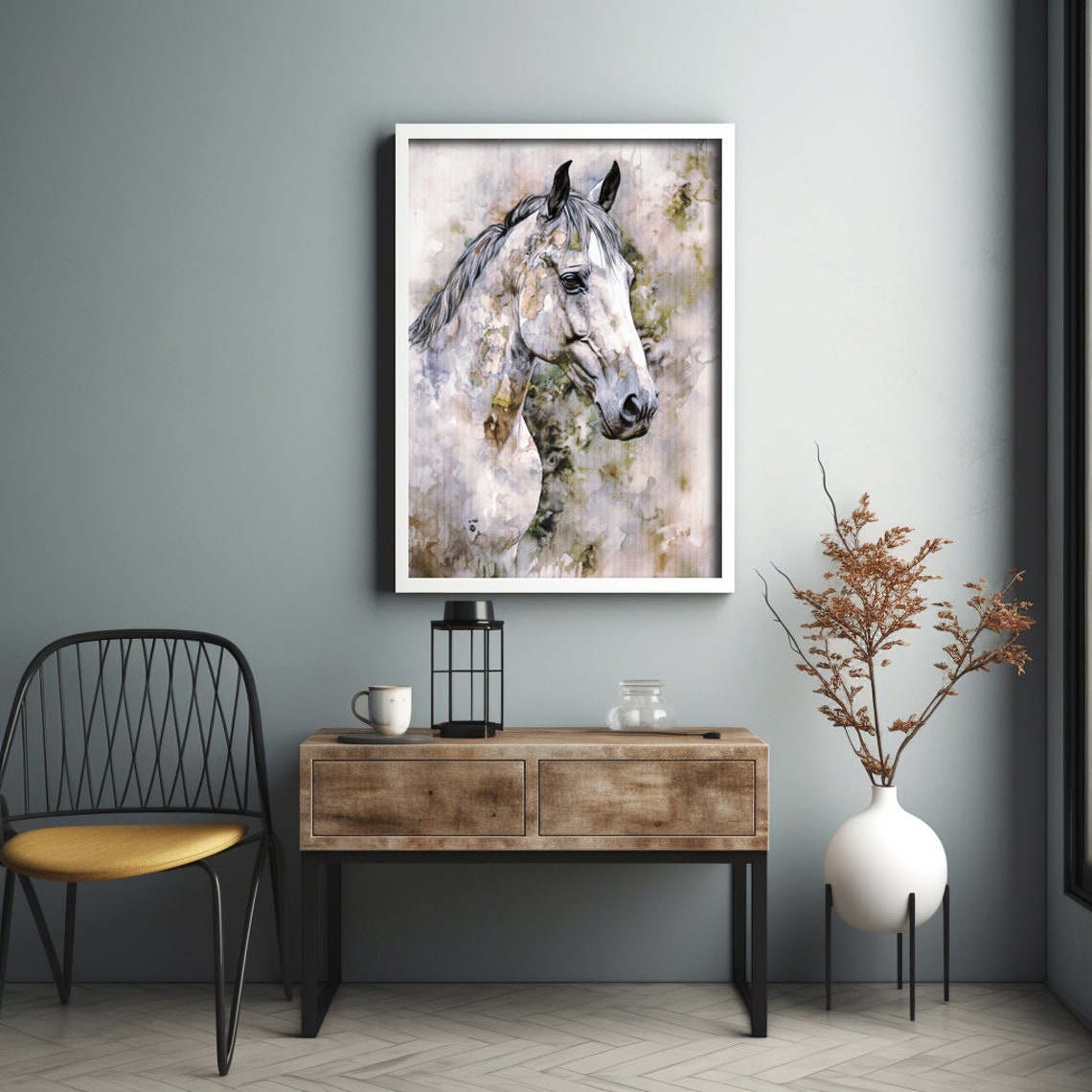 Grey Horse Head Portrait Watercolor Equine Wildlife Art Poster - Image 4