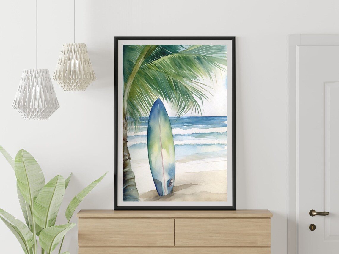 Surfboard Palm Tree Beach Watercolor Art Print - Image 4