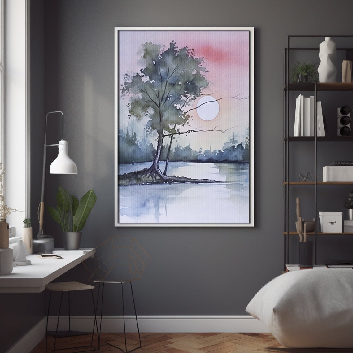 Boho Sunrise Over Lake Watercolor Art Print Serene Nature Decor Earthy Colors - Image 4
