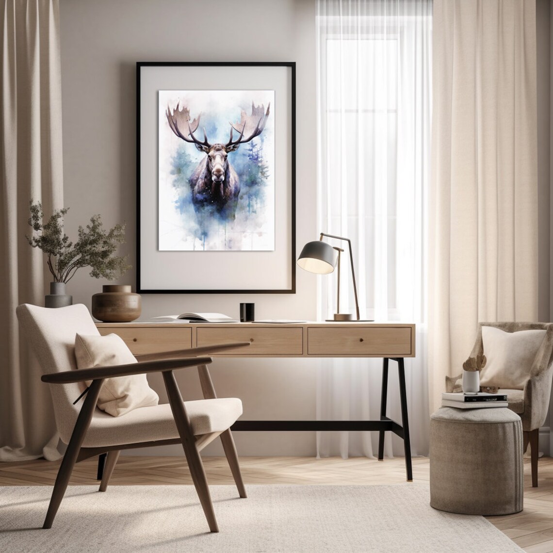 Moose Watercolor Painting Winter Forest Antlers Wildlife Poster - Image 3