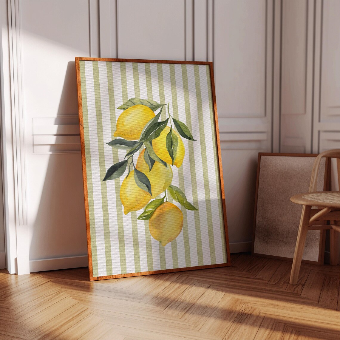 Watercolor Lemons With Sage Green Pinstripes Art Print