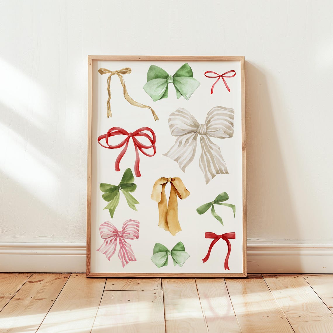 Watercolor Christmas Bows Red Green Gold Holiday Festive Wall Art