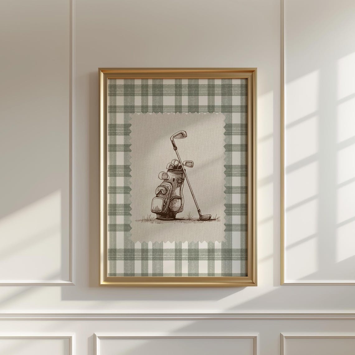 Sage Green Gingham Golf Club Print for Sports Room Decor Fans