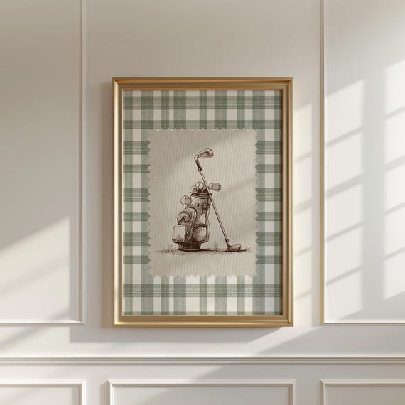 Golf Club Print Sage Green Gingham Plaid Wall Art