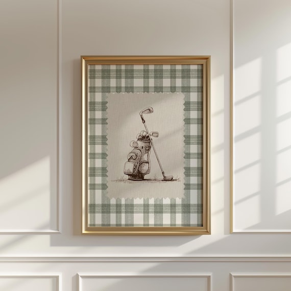 Sage Green Gingham Golf Club Print for Sports Room Decor Fans