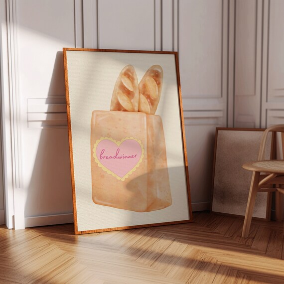 Breadwinner Pink Heart Bakery Poster with Paper Bag and Baguettes