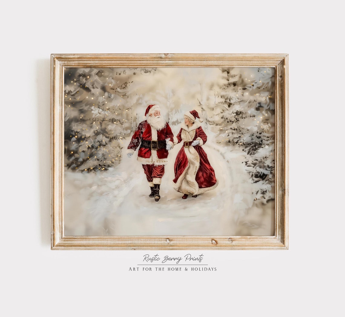 Santa And Mrs Claus Walking Hand In Hand Snowy Woods Vintage Print