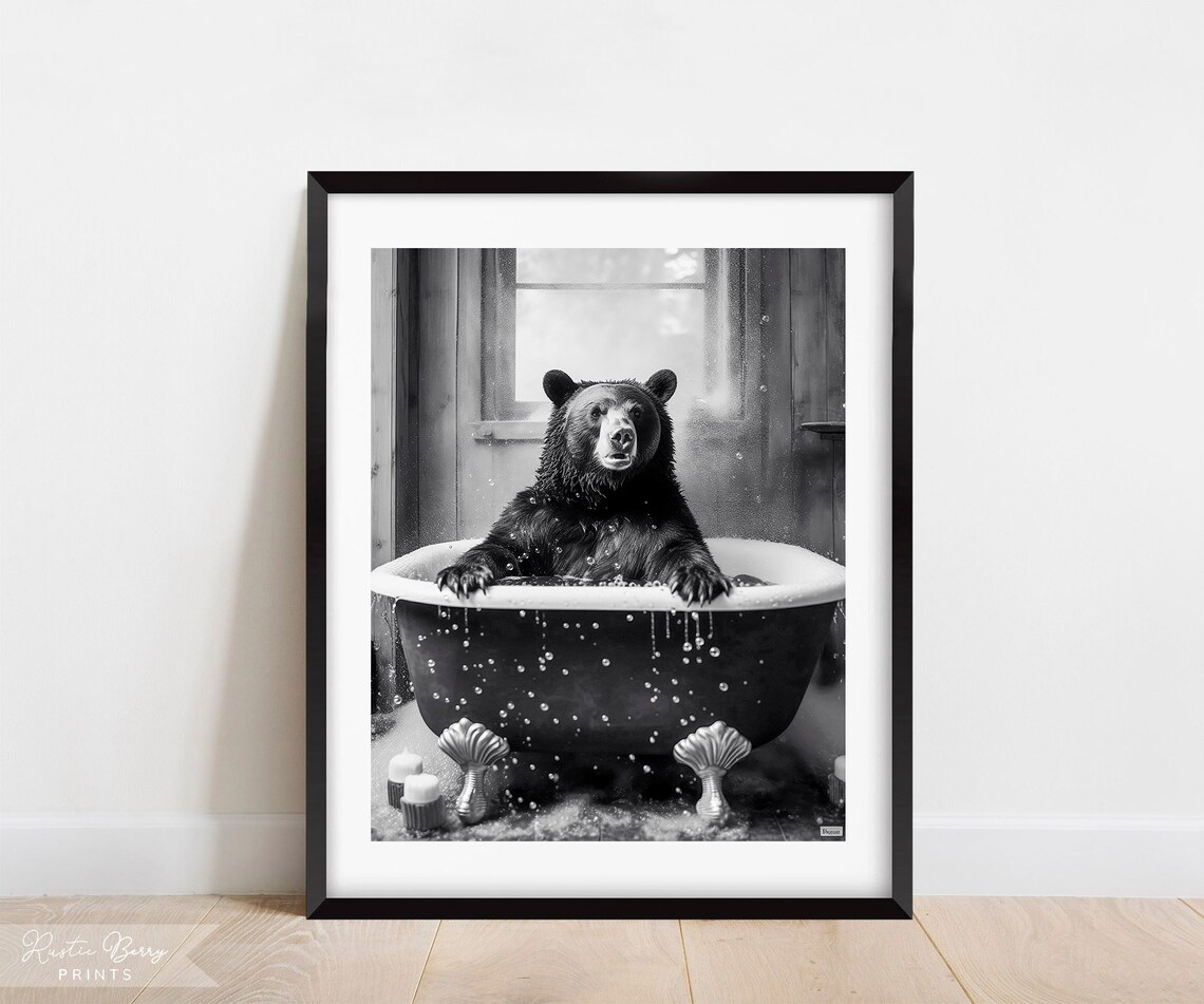 Black Bear In Black Clawfoot Bubble Bath Tub Moody Monochrome Wall Art Poster