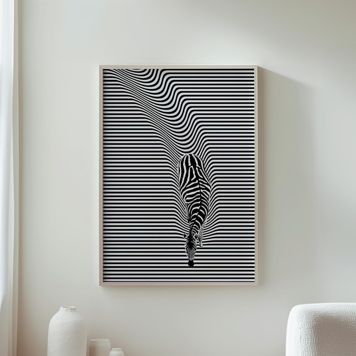 Zebra Emerging Striped Lines Black White Optical Illusion Animal Art Poster