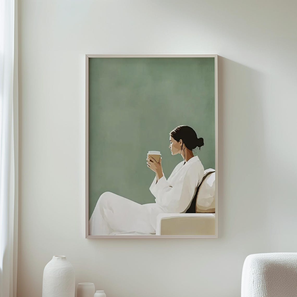 Minimalist Woman Holding Coffee Cup On Sage Green Wall Poster