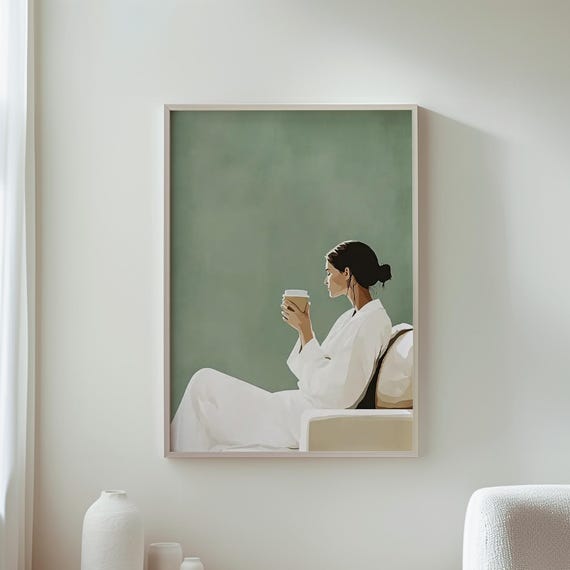 Coffee Wall Art Modern Print Minimalist Woman Calm Morning Decor Lover Gift Boho Relaxing Home