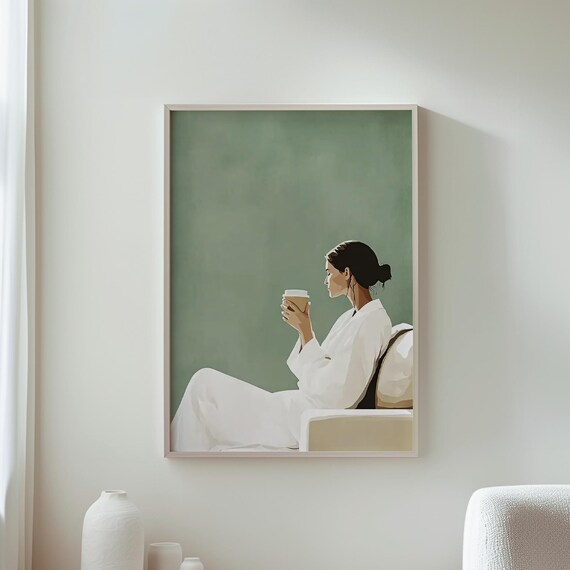 Minimalist Woman Holding Coffee Cup On Sage Green Wall Poster