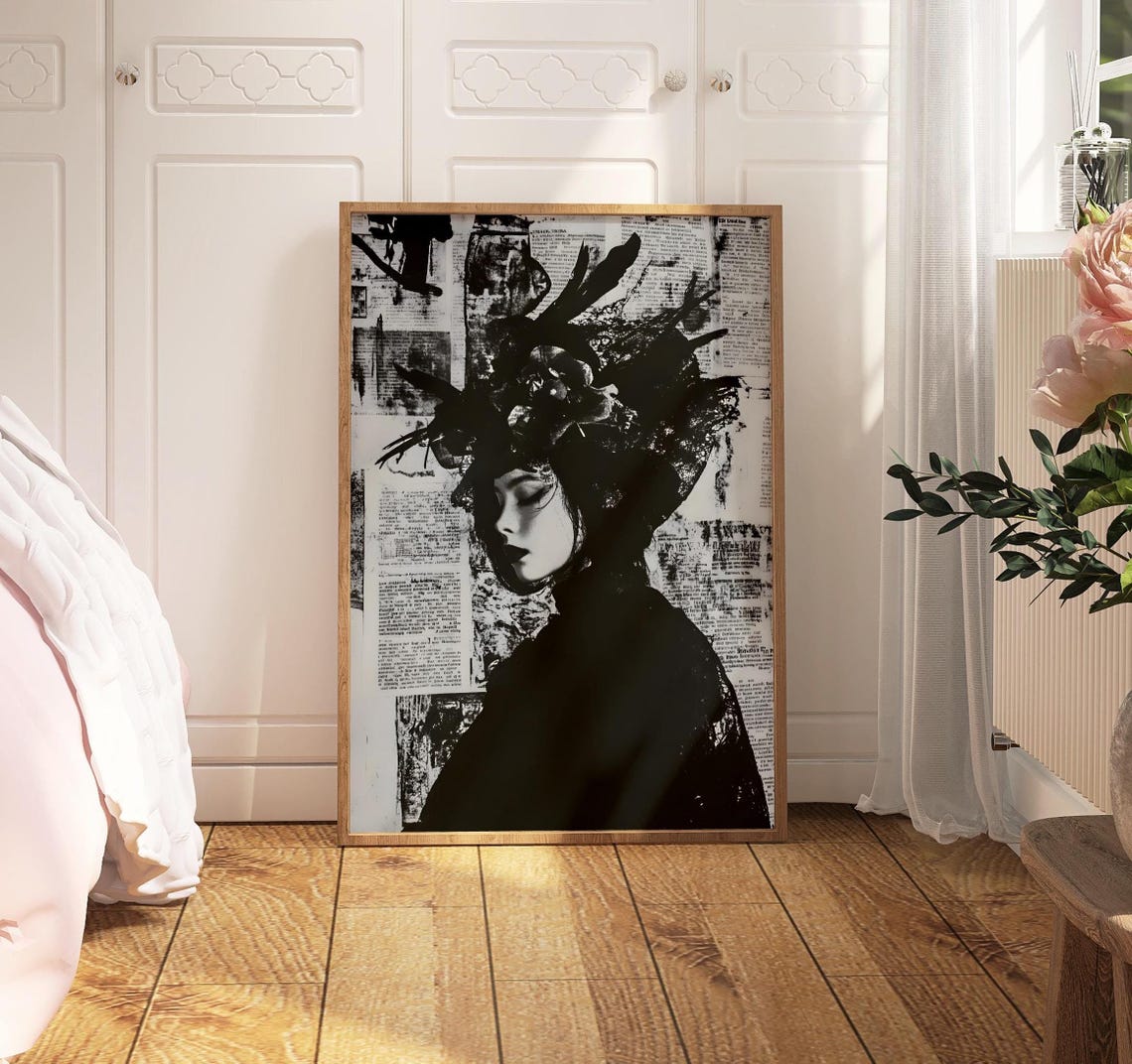 Dramatic Black And White Newspaper Woman Portrait Fashion Wall Art