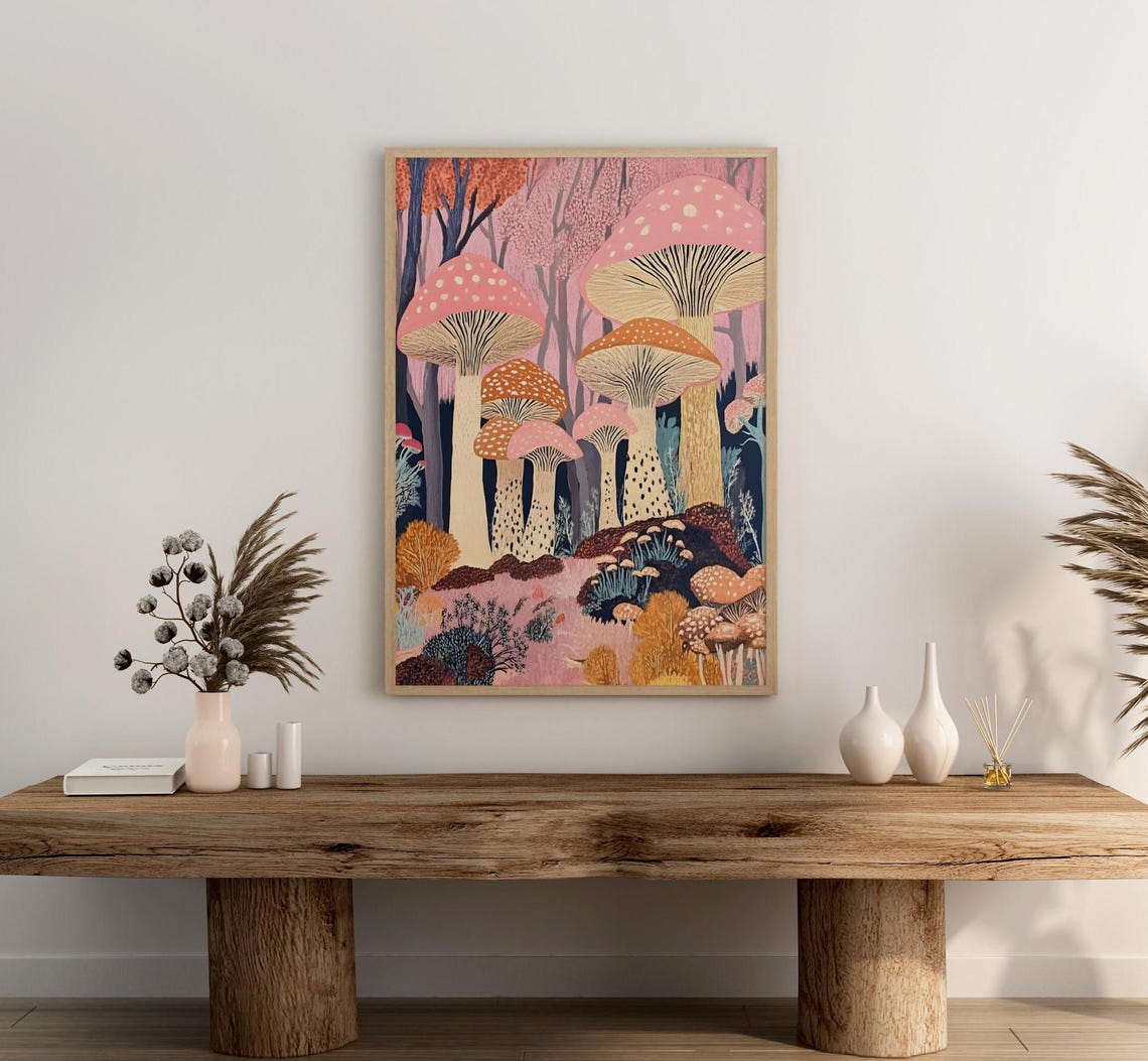 Whimsical Pink Mushroom Forest Fairy Illustration Art Poster