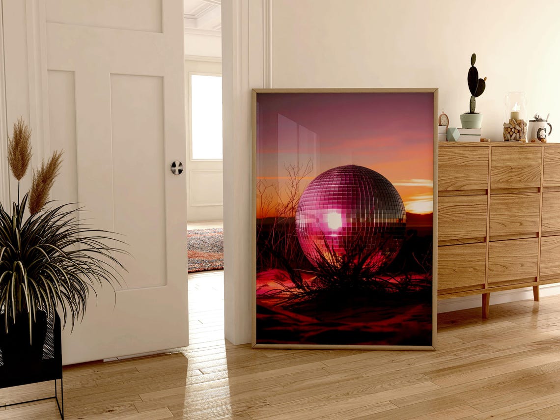 A Giant Disco Ball Resting In A Pink Desert Sunset Landscape Poster - Image 5