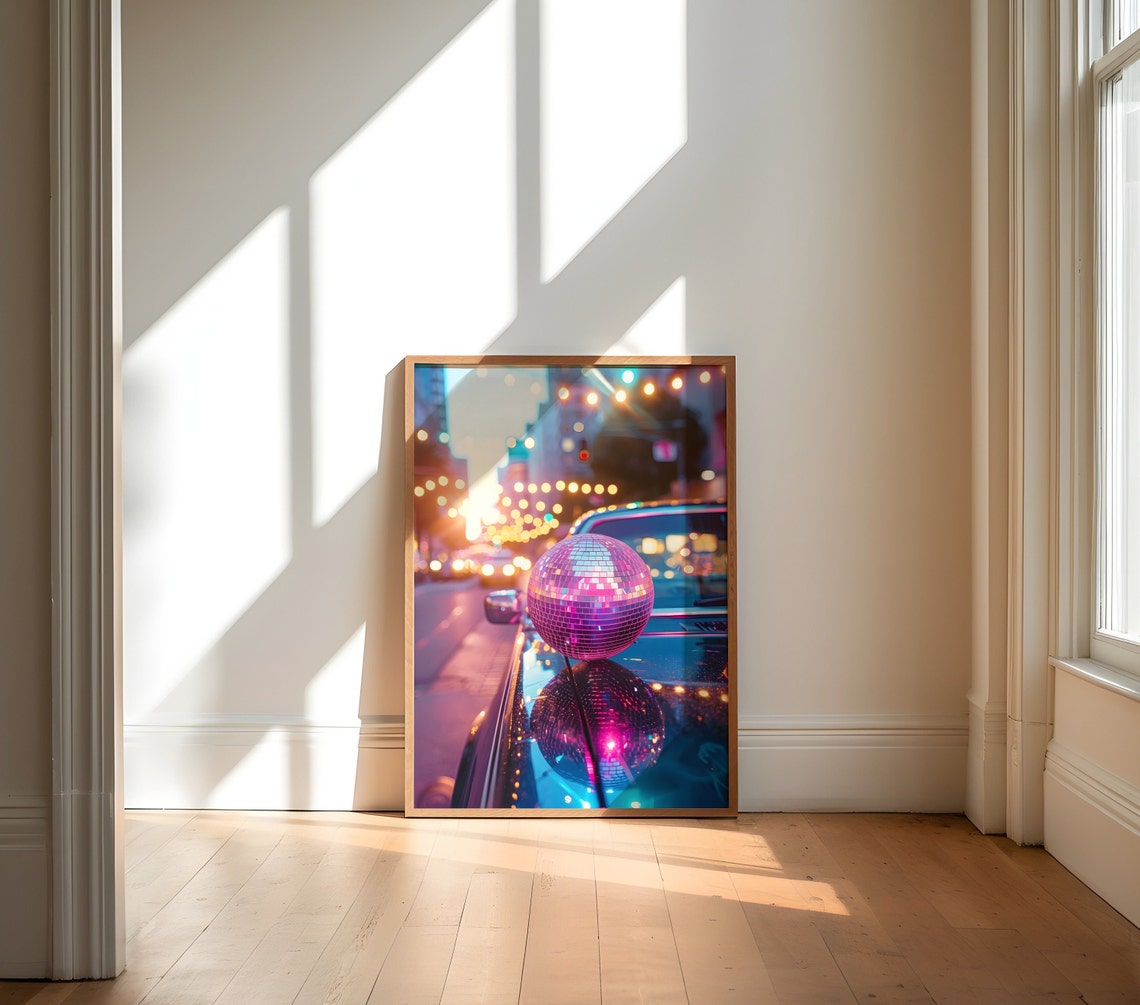 Disco Ball On A Classic Car Hood Under City Lights At Night Poster - Image 4
