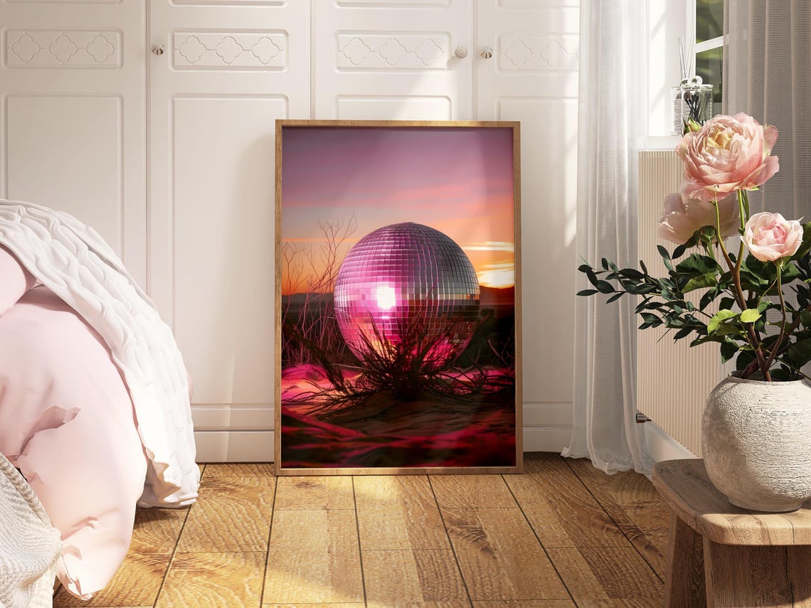 A Giant Disco Ball Resting In A Pink Desert Sunset Landscape Poster - Image 3