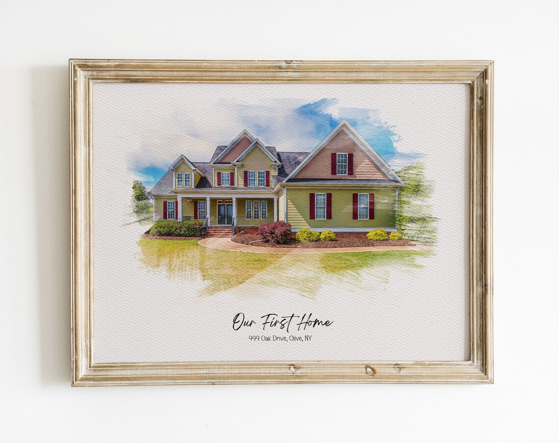 Our First Home Olive NY Bright Sky Watercolor House Portrait Poster