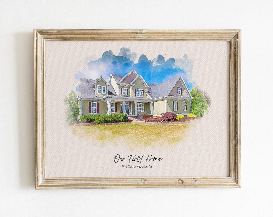 Our First Home Olive NY Pale Wash Sky Watercolor House Portrait Poster