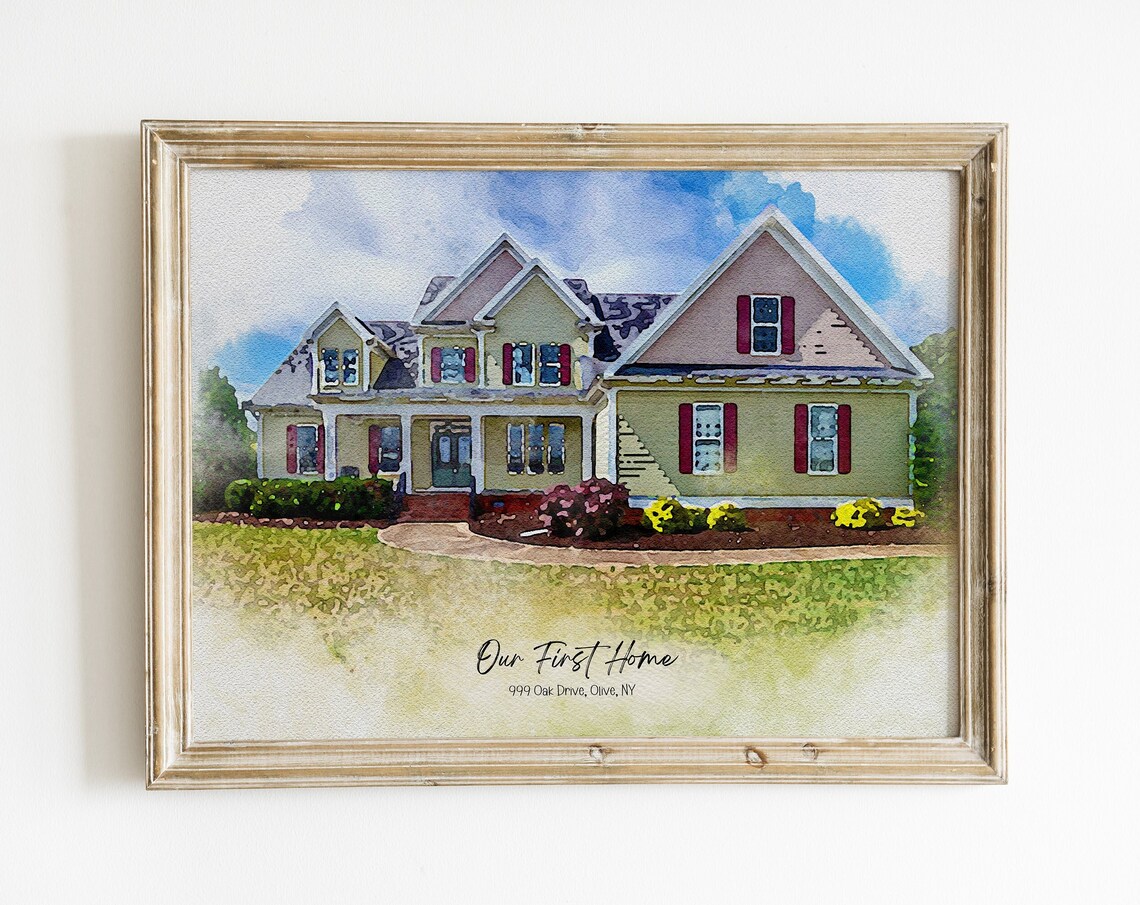 Our First Home Olive NY Lawn View Watercolor House Portrait Poster
