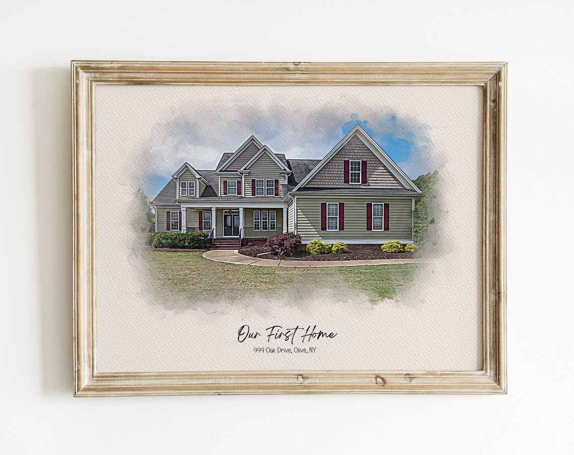 Our First Home Olive NY Soft Gray Sky Watercolor House Portrait Poster
