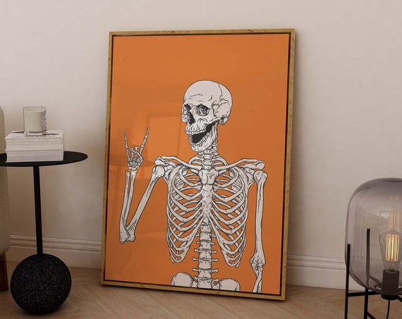 Skeleton Print Art Cute Orange Halloween Wall Decor Trendy Halloween Wall Art Spooky Season Poster