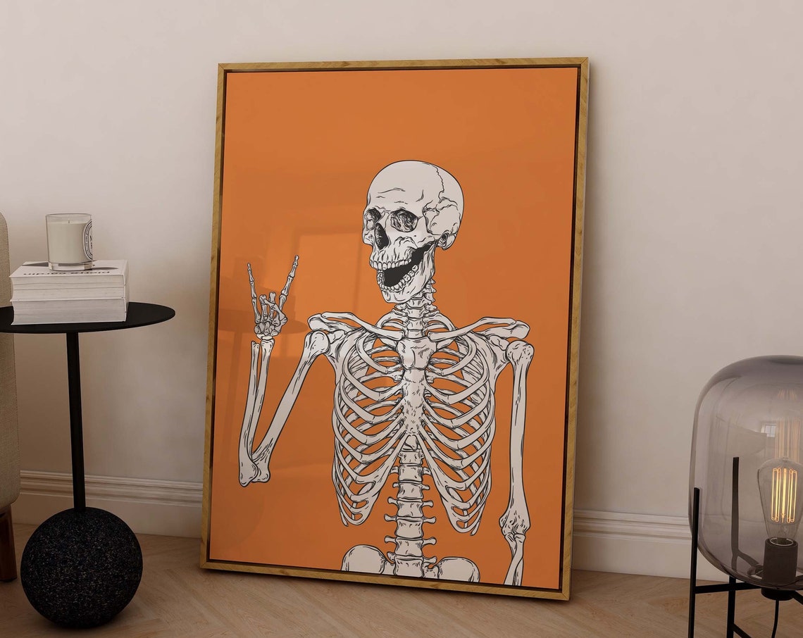 Skeleton Print Art Cute Orange Halloween Wall Decor Trendy Halloween Wall Art Spooky Season Poster