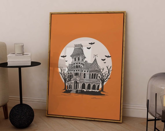 Haunted House Print Art Cute Halloween Wall Decor Trendy Orange Halloween Wall Art Spooky Season Art Print