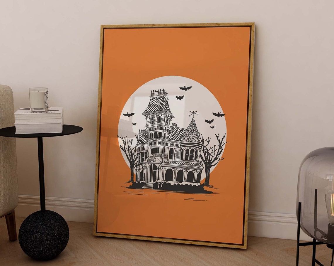 Haunted House Under Full Moon Bats Vintage Orange Halloween Poster