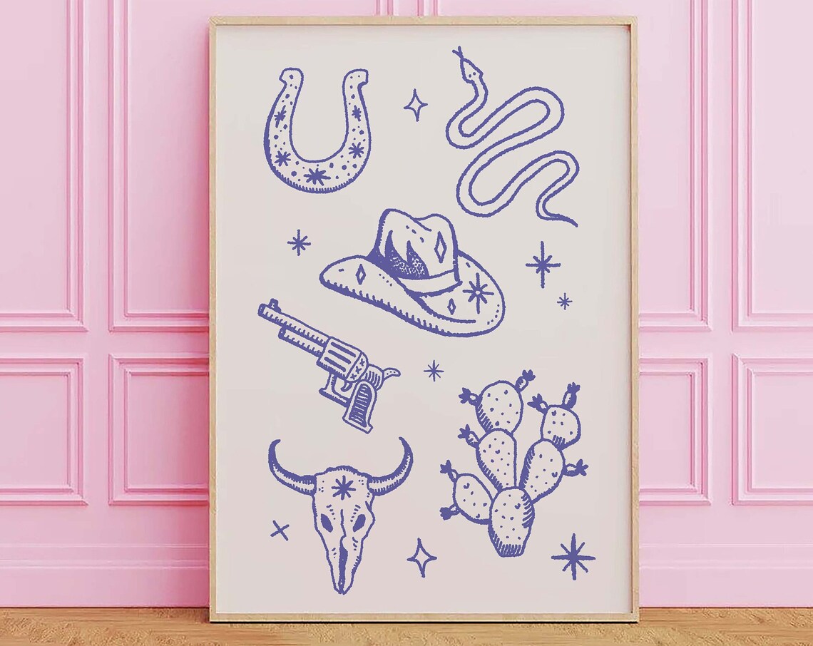 Blue Western Icons Horseshoe Cowboy Hat Bull Skull Doodle Wall Print