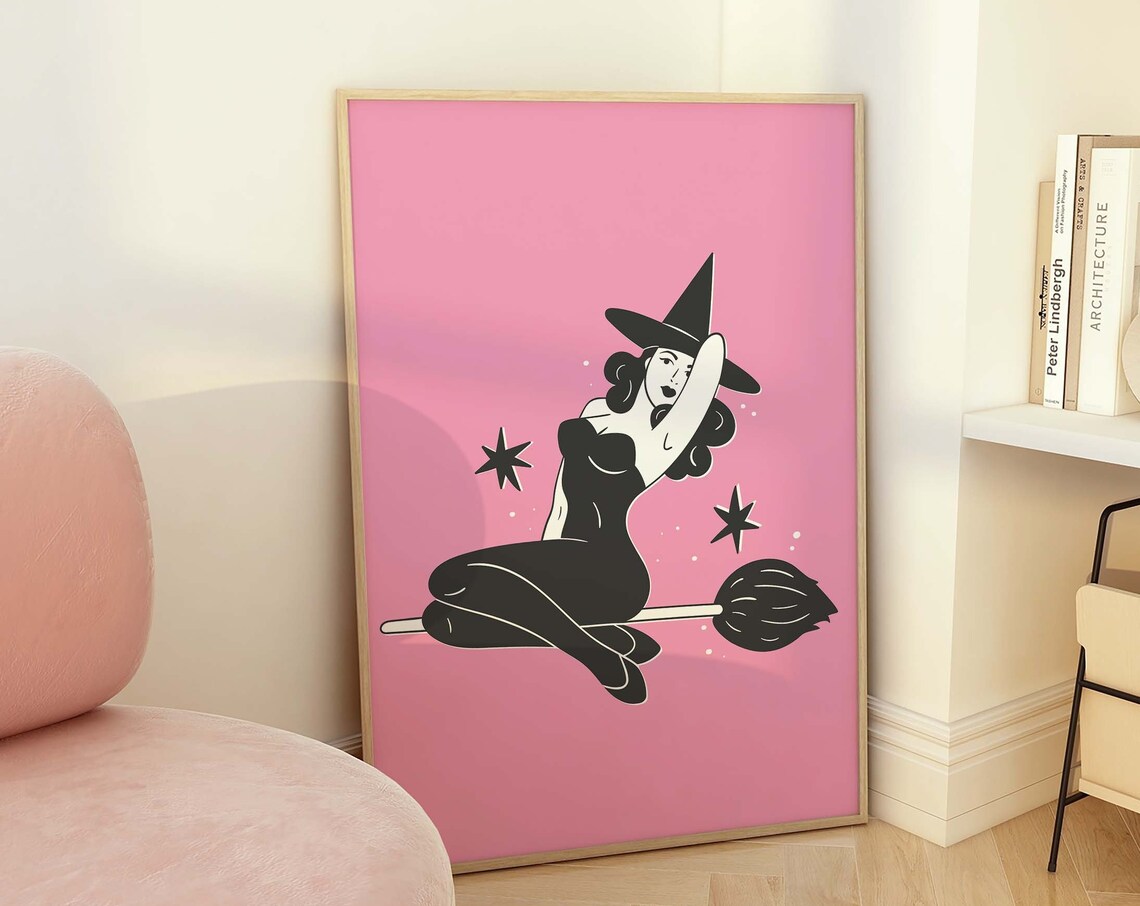 Pin Up Witch Riding Broom Pink Cute Retro Halloween Art Poster