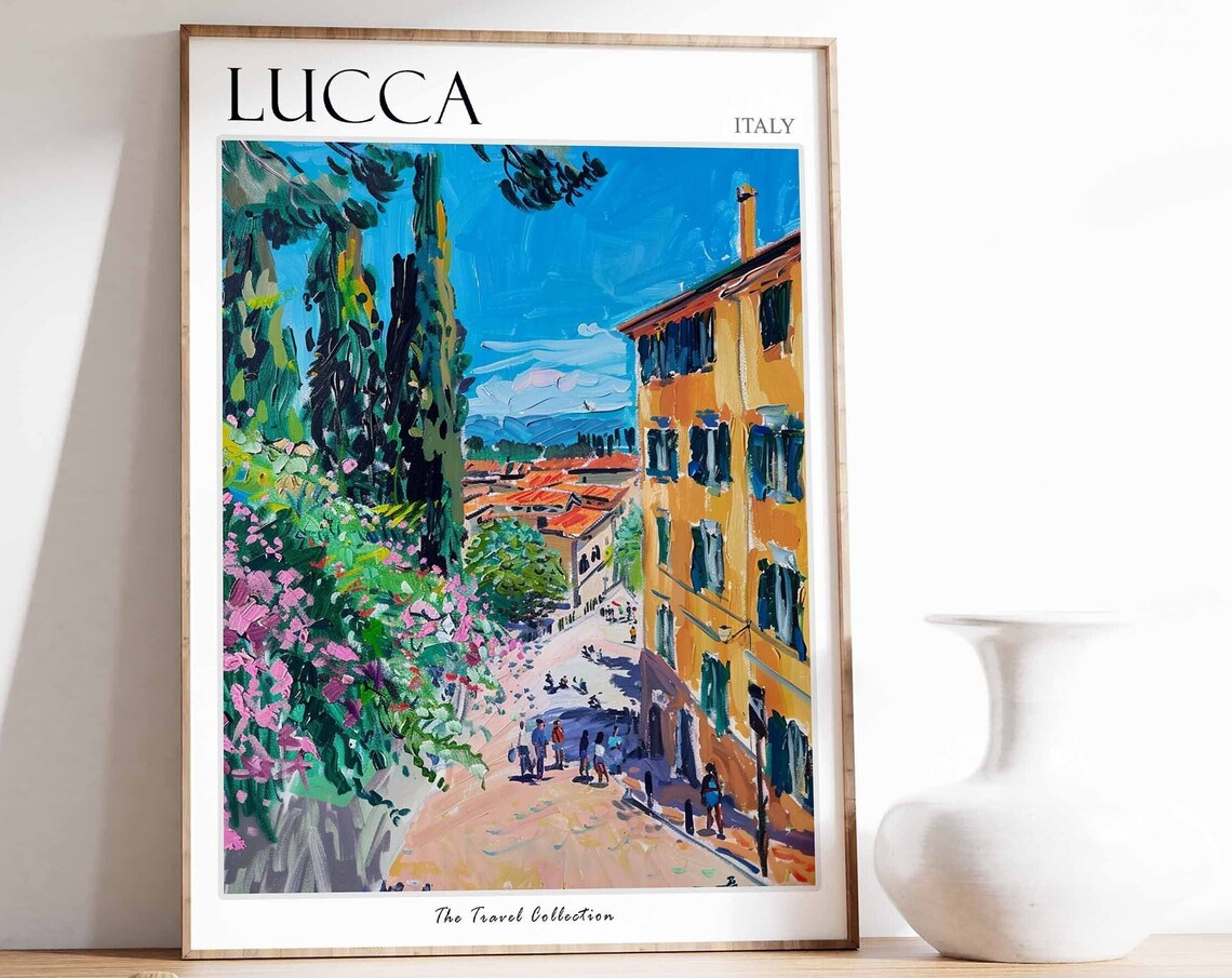 Lucca Italy Cypress Street Flowers Painted Tuscan Art Poster