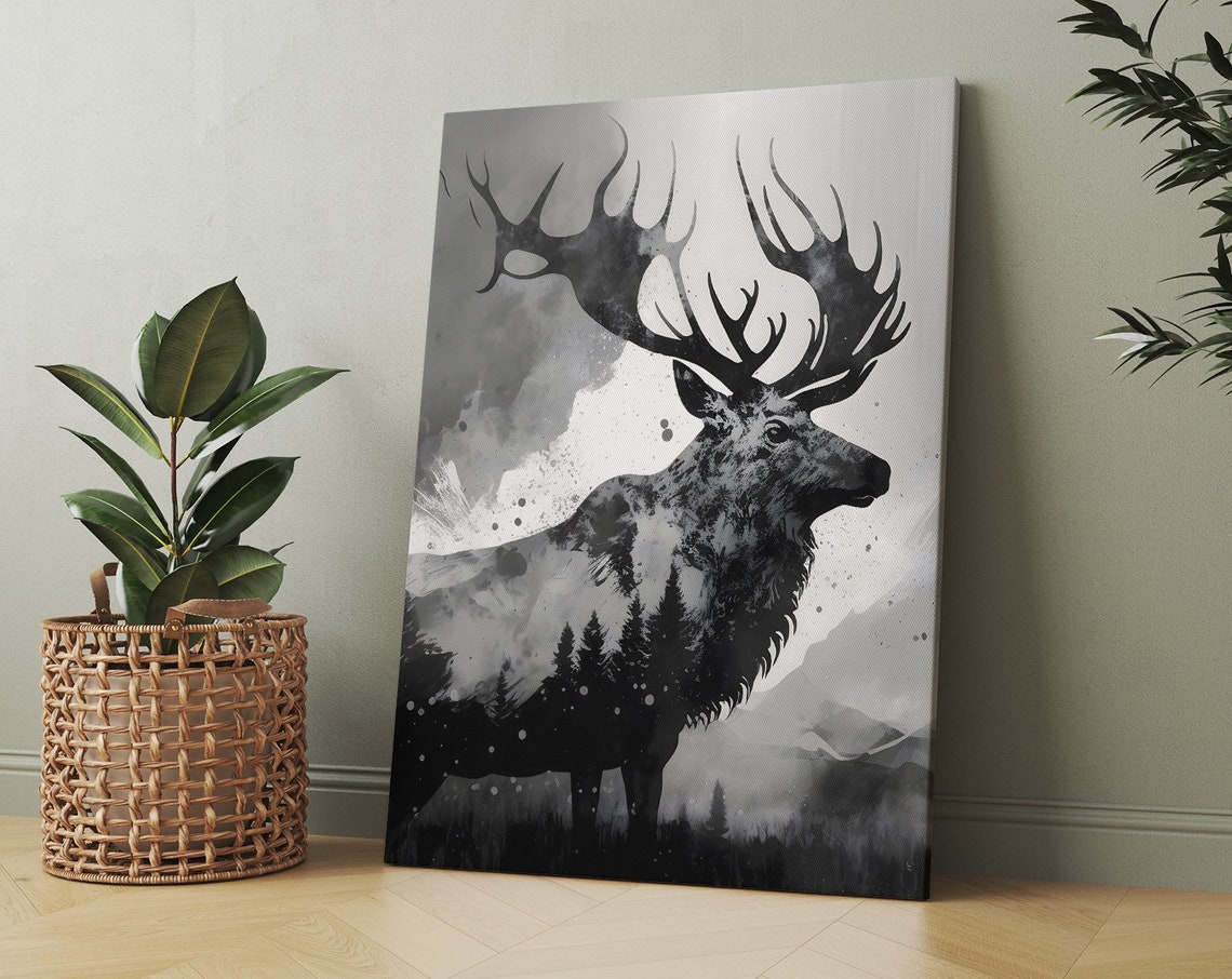 Elk Silhouette Double Exposure With Forest And Mountains Poster