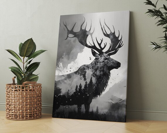 Elk Silhouette Double Exposure With Forest And Mountains Poster