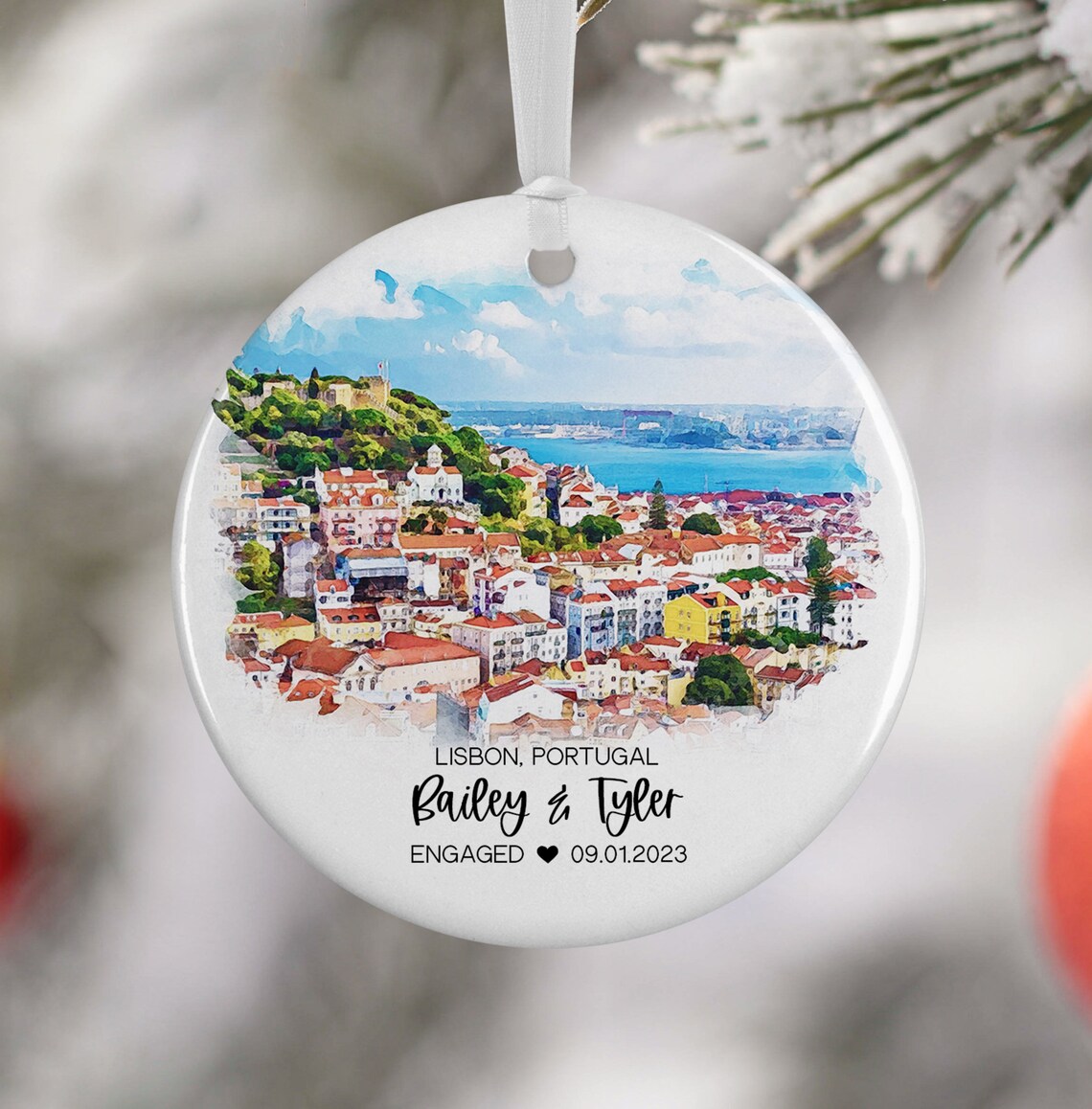 Lisbon Portugal Christmas Ornament Watercolor Travel Poster