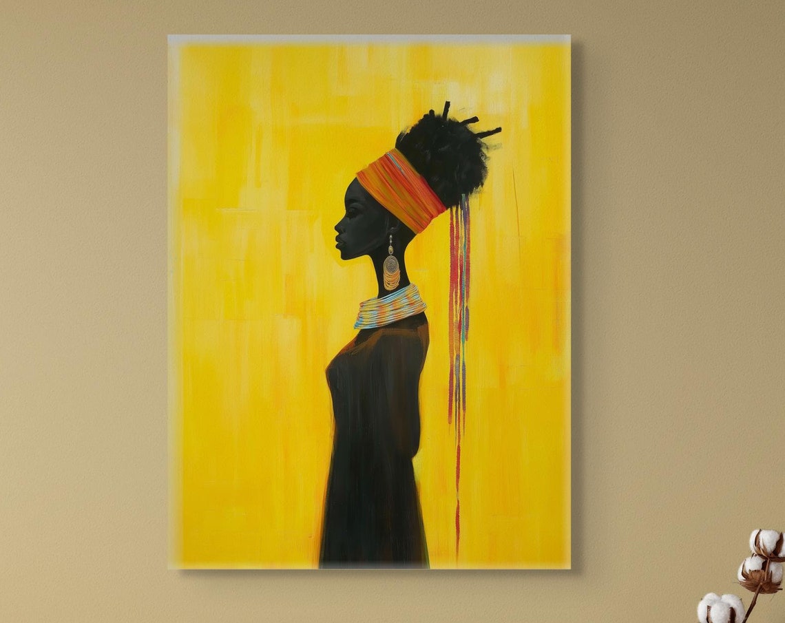 Afrocentric Woman Silhouette With Colorful Headwrap On Yellow Poster
