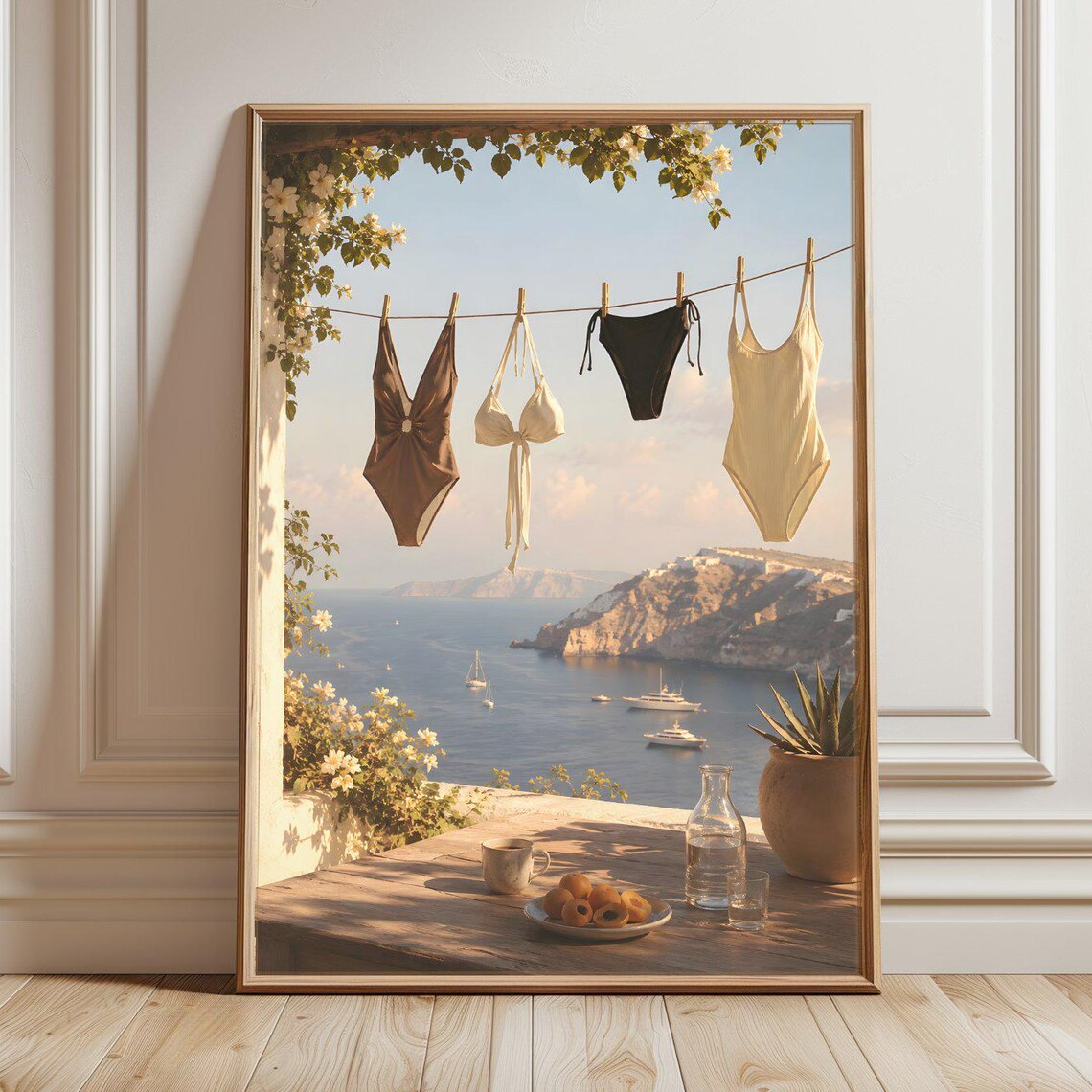 Swimsuits on a Line Above Seaside Terrace Coastal Vacation Poster