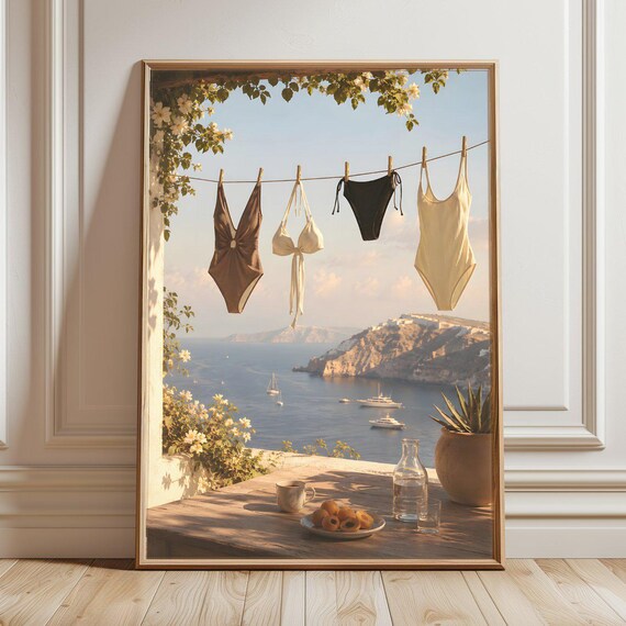 Swimsuits on a Line Above Seaside Terrace Coastal Vacation Poster