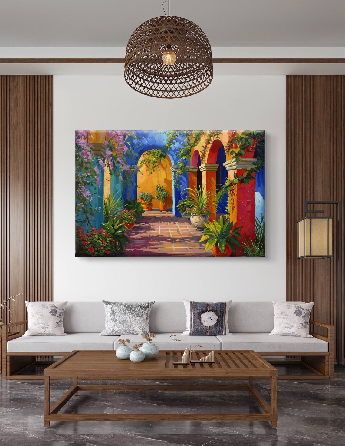 Cuernavaca Mexican Courtyard with Blue Arches and Flowers Poster - Image 4