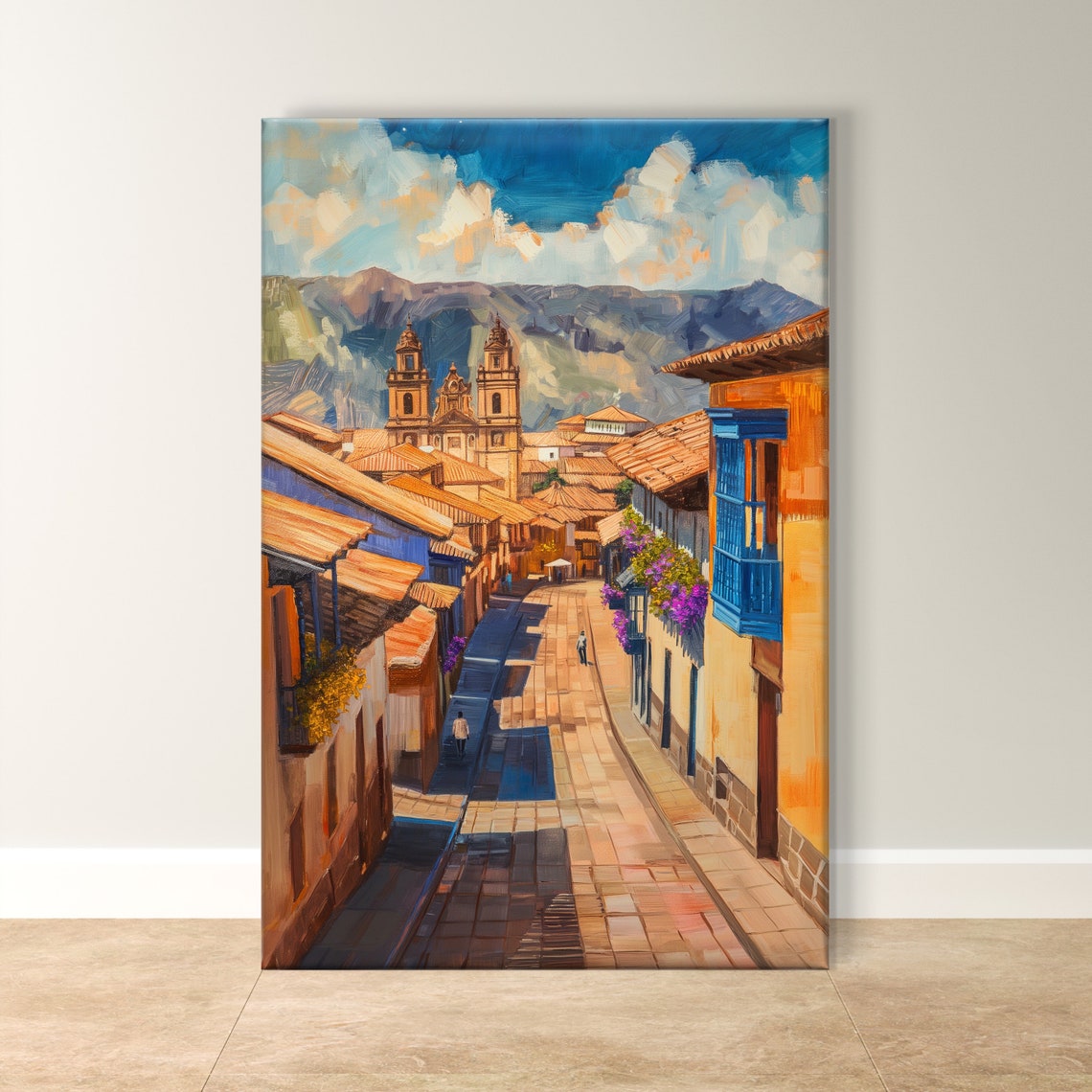 Cusco Peru Colonial Street with Blue Balconies and Cathedral Poster