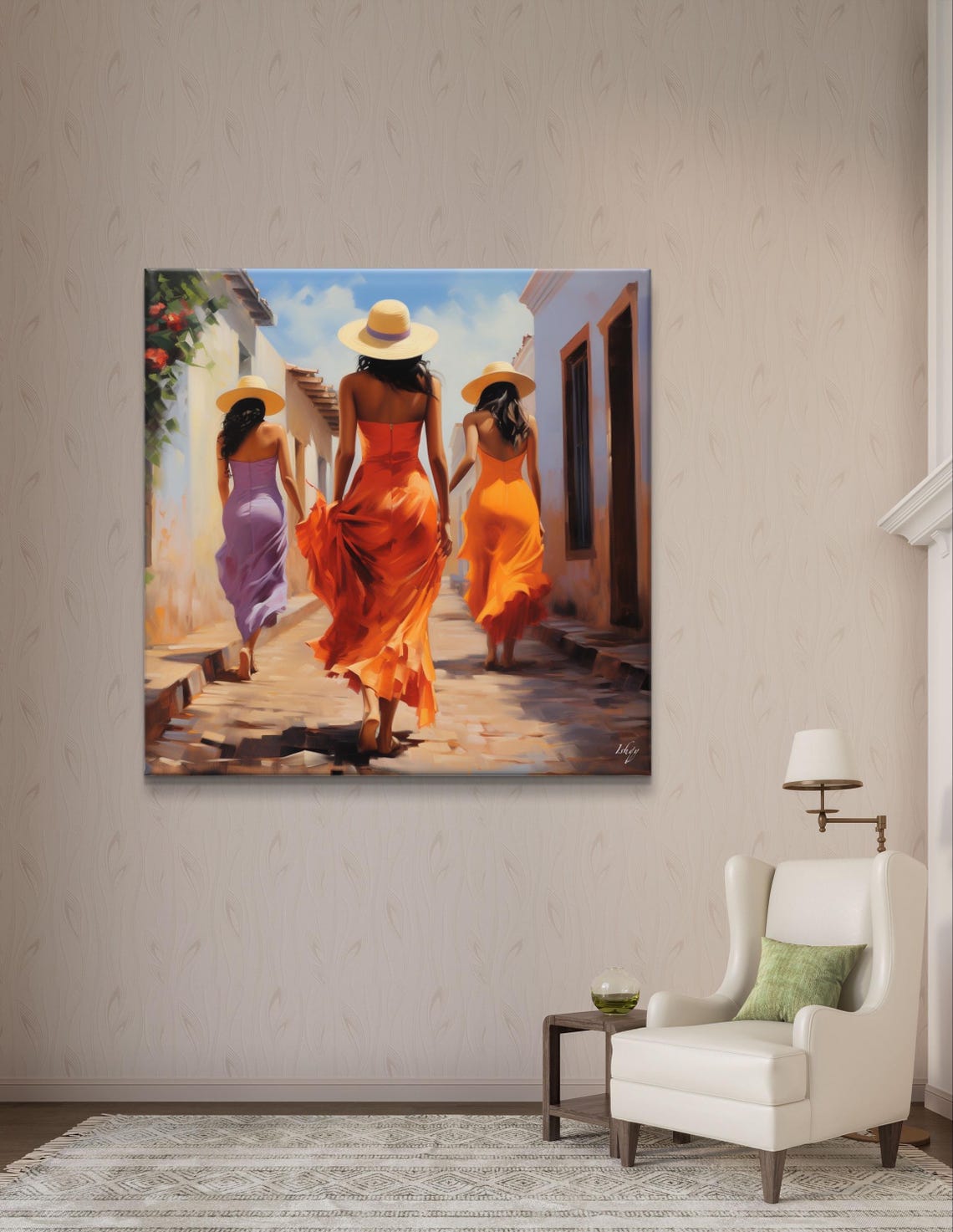Three Women in Colorful Dresses Walking Sunny Old Town Poster - Image 4