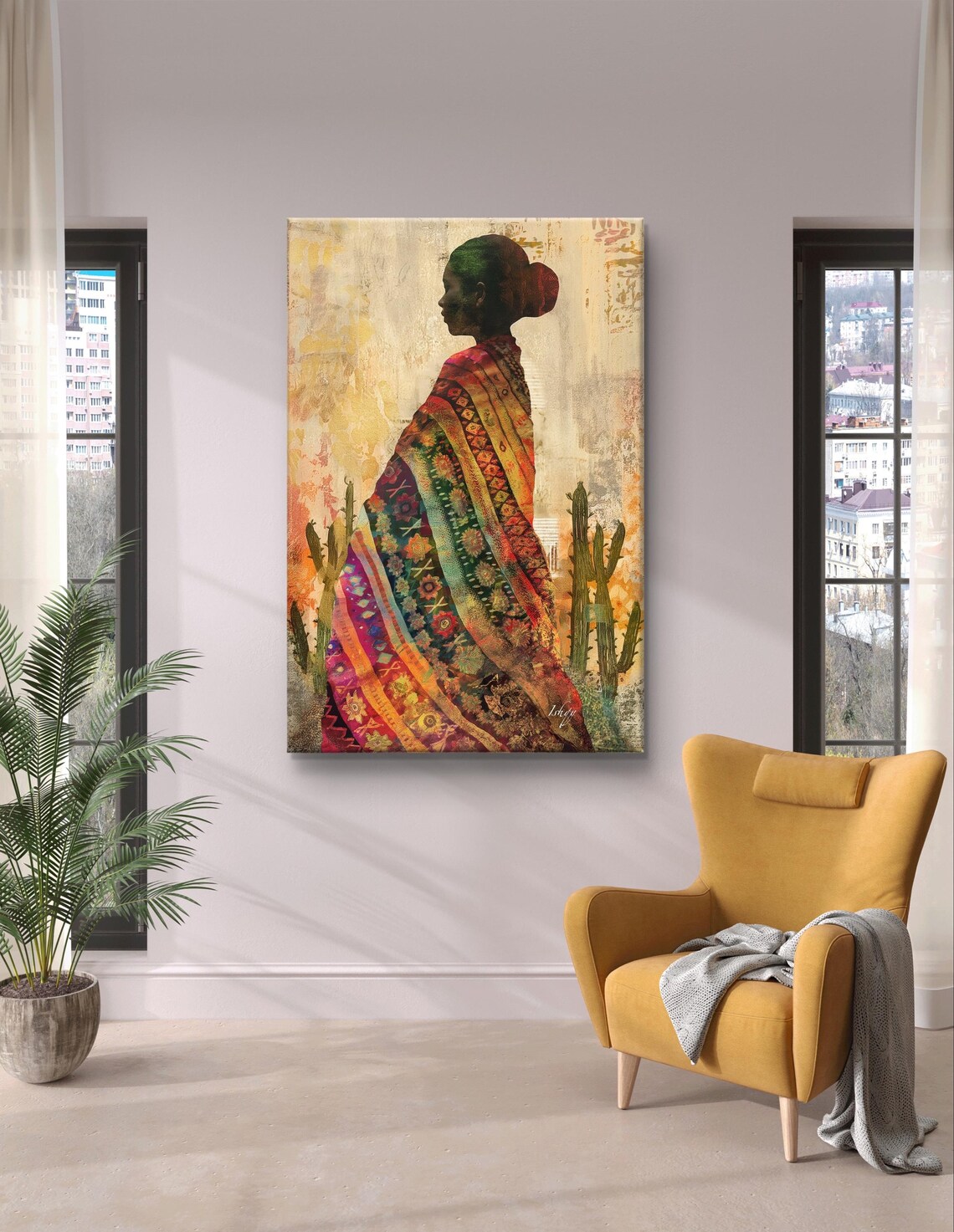 Mexican Woman in Profile with Embroidered Serape and Cacti Poster - Image 6