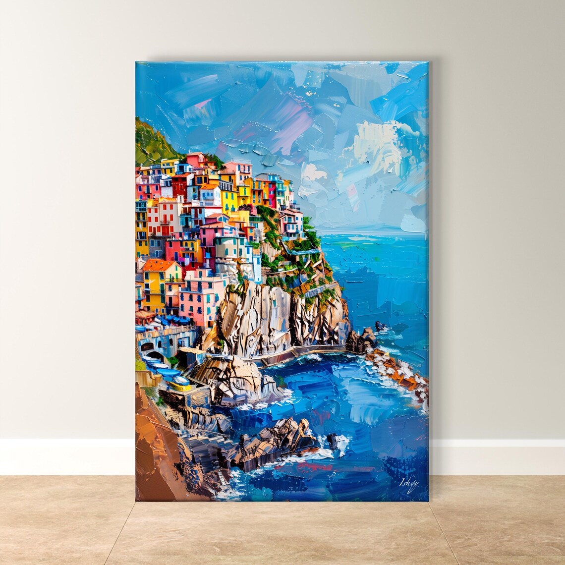 Cinque Terre Colorful Cliffside Village Over Blue Sea Art Poster