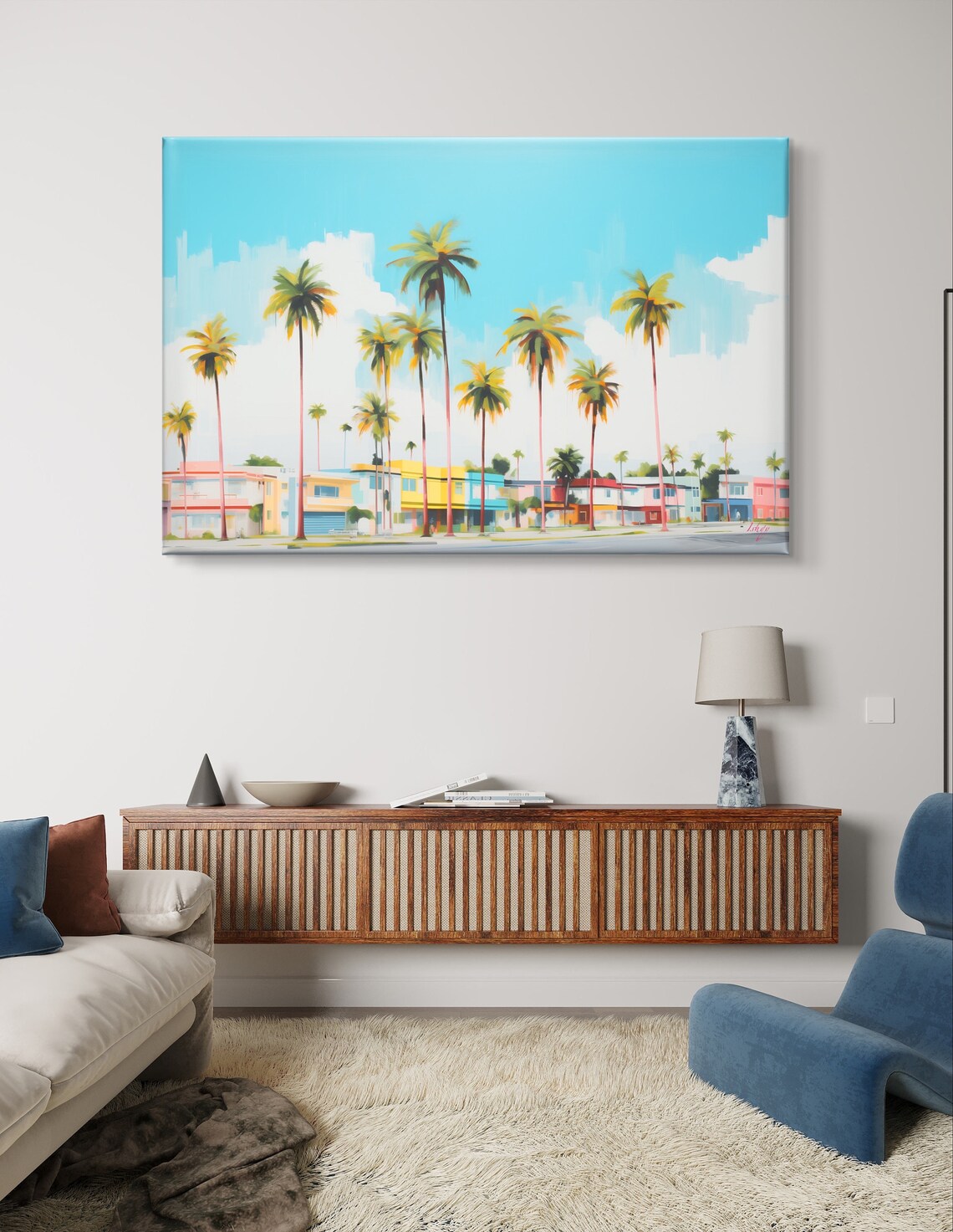 Miami Palm Trees and Pastel Art Deco Buildings Sunny Street Poster - Image 6