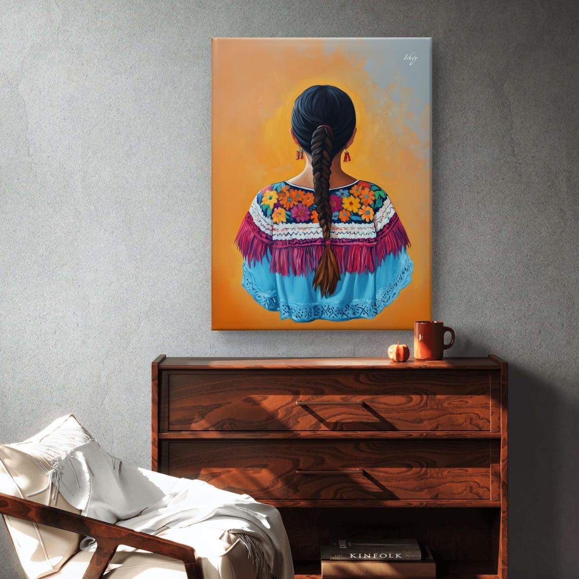 Oaxacan Woman in Colorful Embroidered Blouse Back View Poster - Image 5
